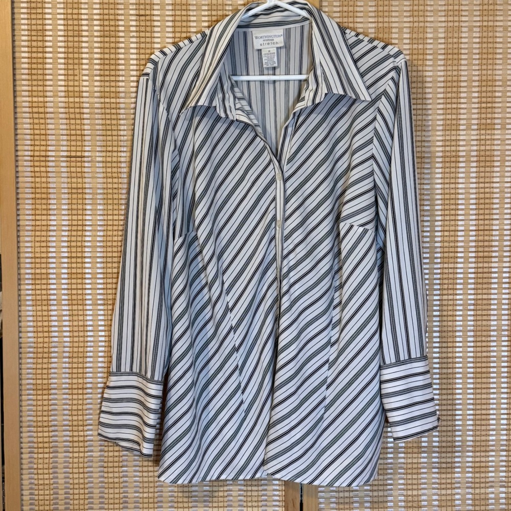 Worthington Woman Stretch Striped Button Down Blouse Black White Long Sleeve 1X
